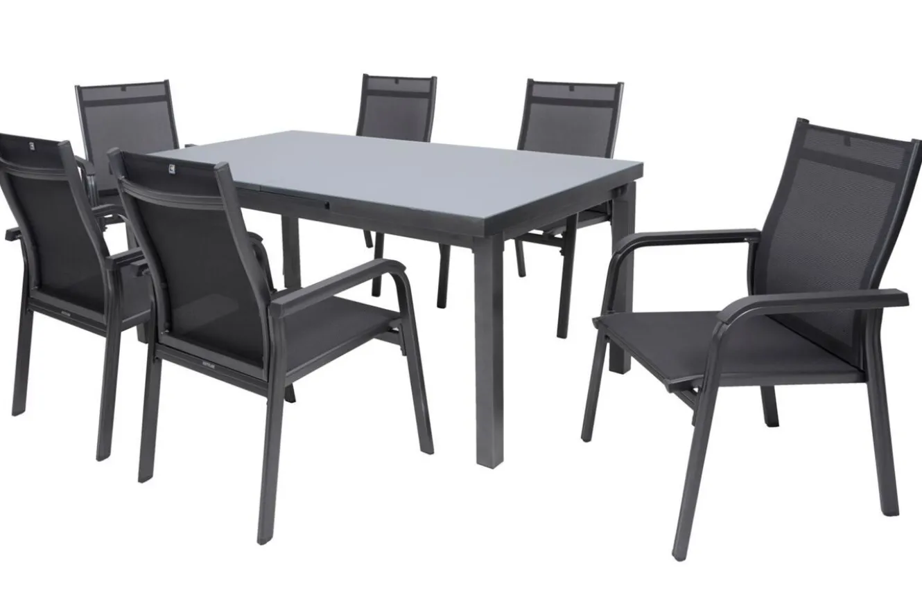 KETTLER BasicPlus Garten-Essgruppe, anthrazit, Alu/Textilene, Tisch 180/240x100cm, 6 Stapelsessel