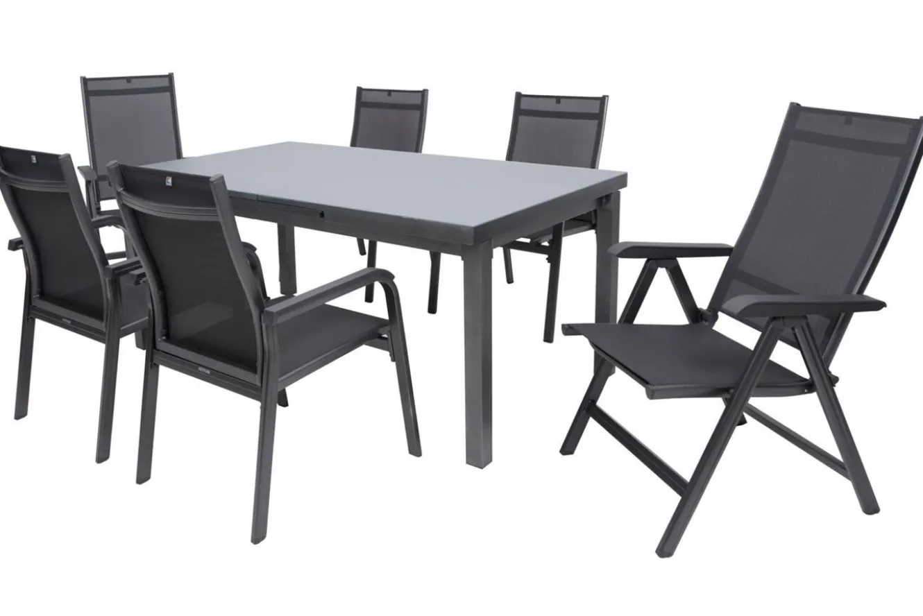 KETTLER BasicPlus Garten-Essgruppe, anthrazit, Alu/Textilene, Tisch 180/240x100cm, 4 Stapel-, 2 Klappstühle