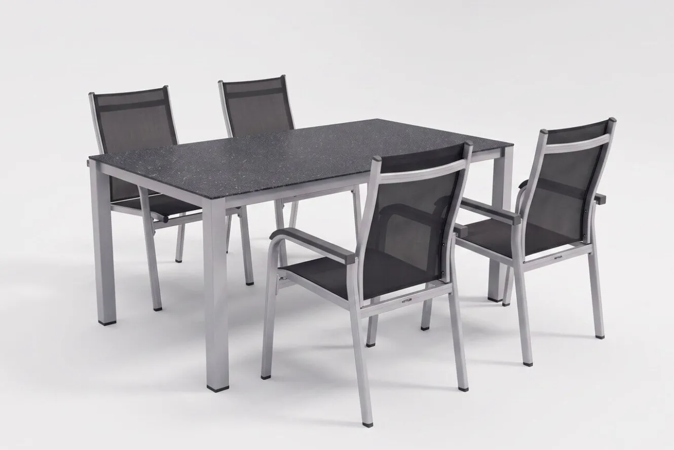 KETTLER BasicPlus Garten-Essgruppe, silber/anthrazit, Alu/Spraystone/Textil, 160x95 cm, 4 Stapelsessel
