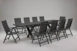KETTLER BasicPlus Garten-Essgruppe, anthrazit, Alu / Spraystone / Textil, Tisch 180/280x100cm, 10 Klappstühle