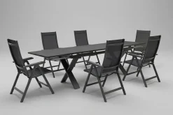 KETTLER BasicPlus Garten-Essgruppe, anthrazit, Alu / Spraystone / Textil, Tisch 180/280x100cm, 6 Klappstühle