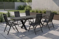 KETTLER BasicPlus Garten-Essgruppe, anthrazit, Alu / Spraystone / Textil, Tisch 180/280x100cm, 6 Klappstühle