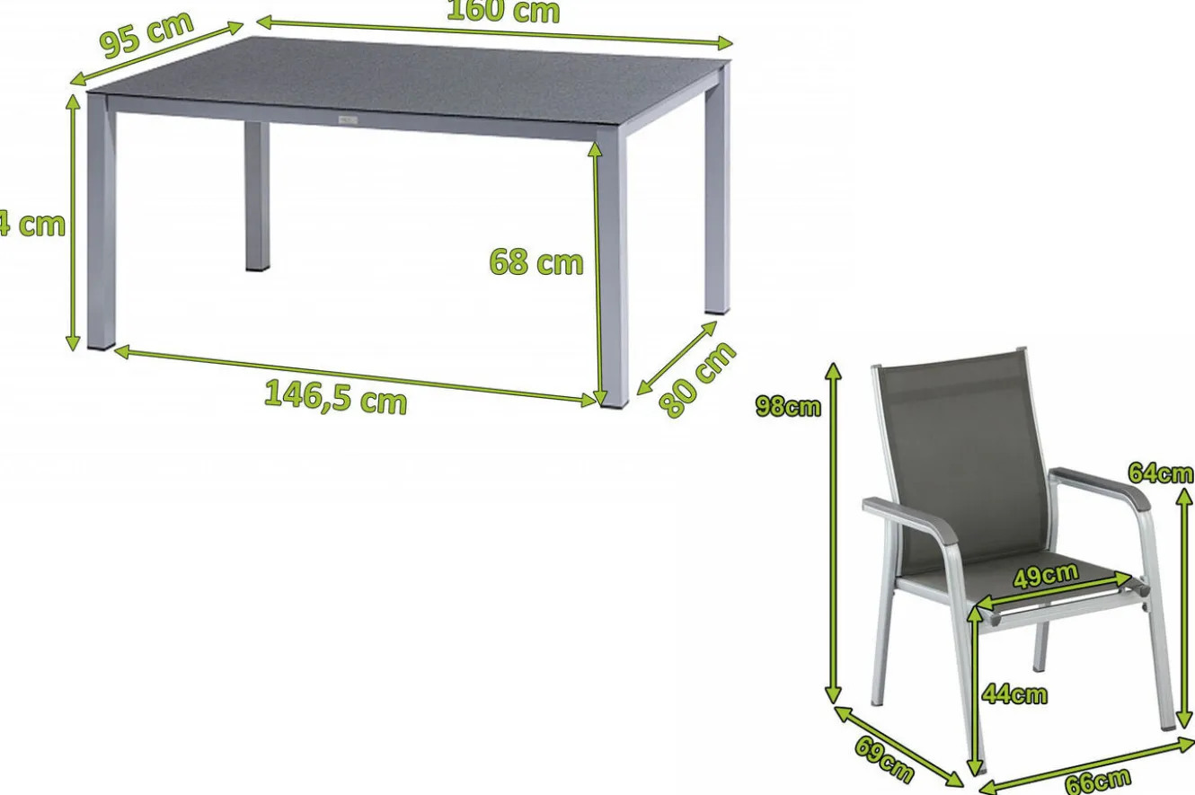 KETTLER BasicPlus Garten-Essgruppe, silber/anthrazit, Alu/Spraystone/Textil, 160x95 cm, 6 Stapelsessel