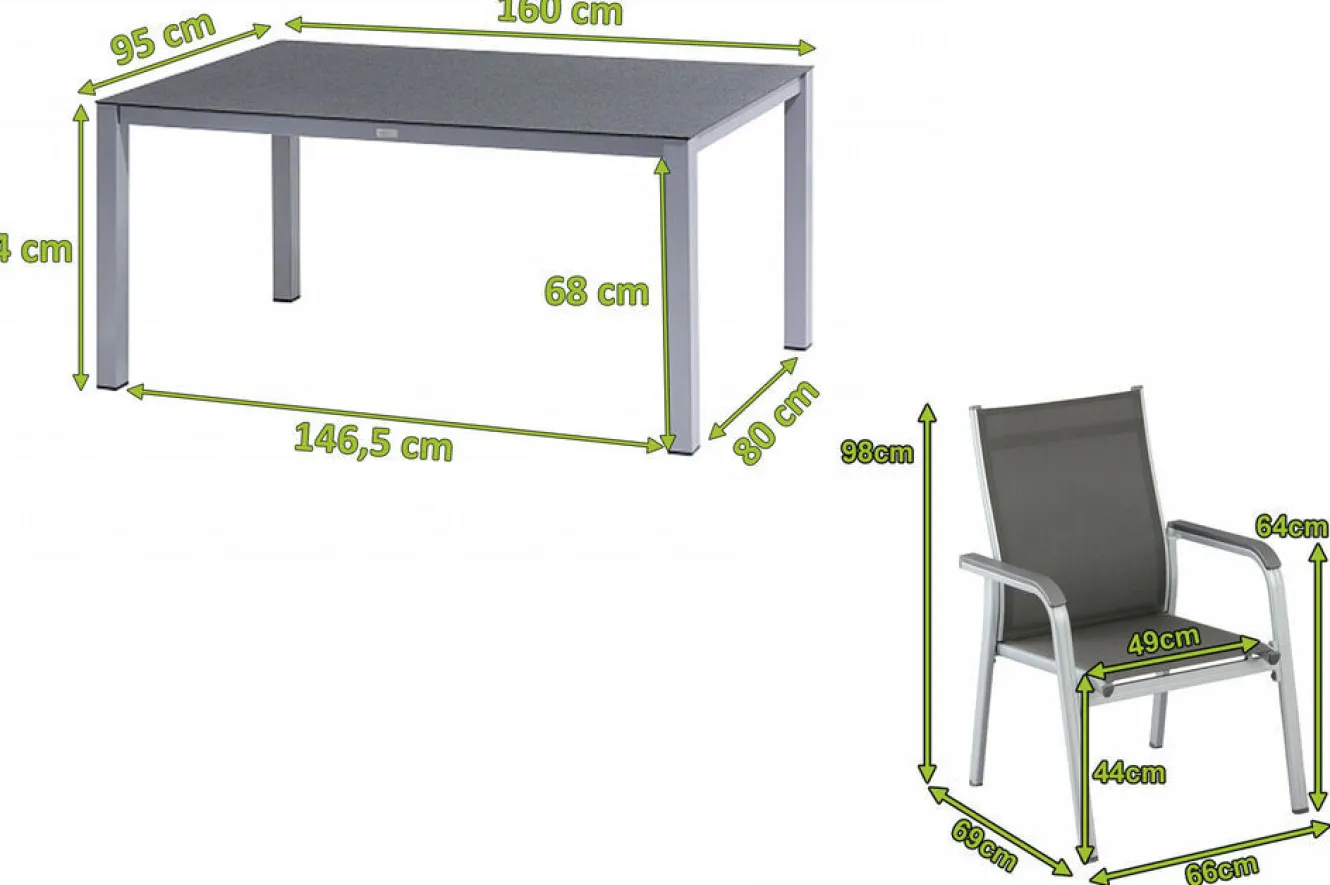 KETTLER BasicPlus Garten-Essgruppe, silber/anthrazit, Alu/Spraystone/Textil, 160x95 cm, 6 Stapelsessel