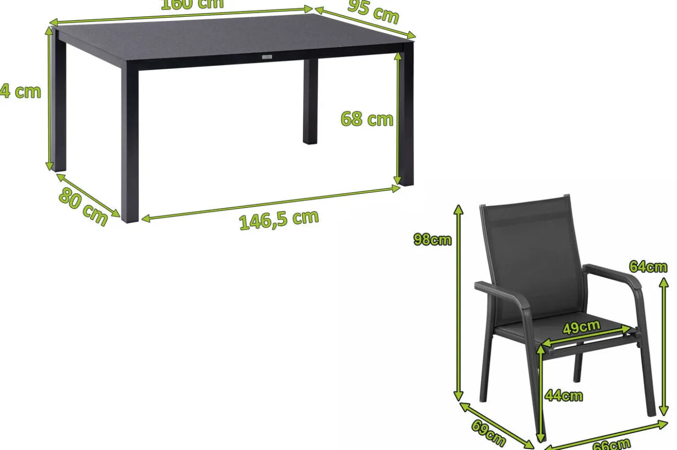 KETTLER BasicPlus Garten-Essgruppe, anthrazit, Alu/Spraystone/Textil, 160x95 cm, 6 Stapelsessel