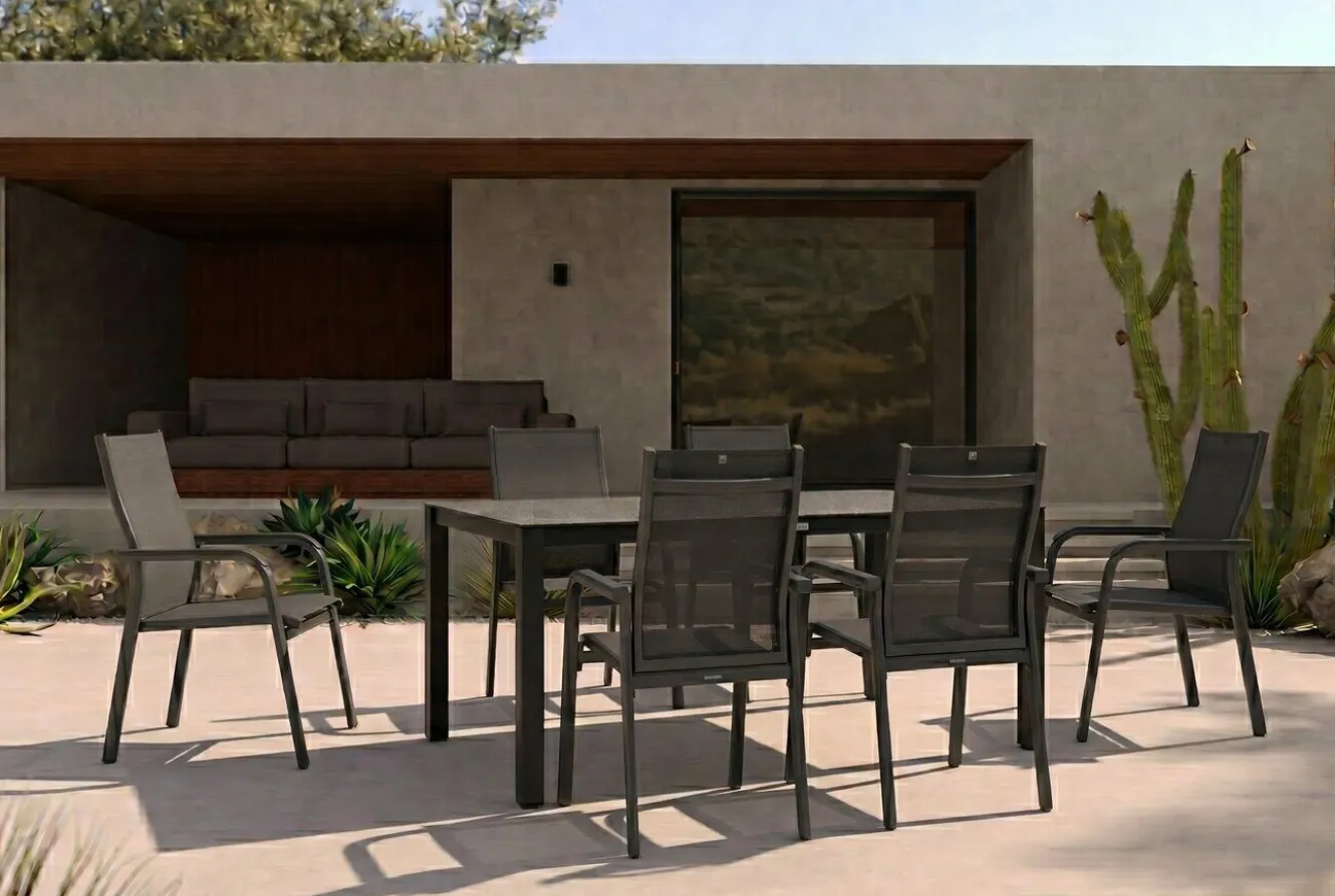 KETTLER BasicPlus Garten-Essgruppe, anthrazit, Alu/Spraystone/Textil, 160x95 cm, 6 Stapelsessel