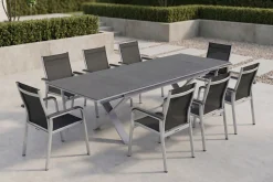 KETTLER BasicPlus Garten-Essgruppe, silber / anthrazit, Alu / Spraystone / Textil, Tisch 180/280x100cm, 8 Stapelsessel