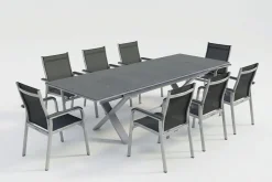 KETTLER BasicPlus Garten-Essgruppe, silber / anthrazit, Alu / Spraystone / Textil, Tisch 180/280x100cm, 8 Stapelsessel