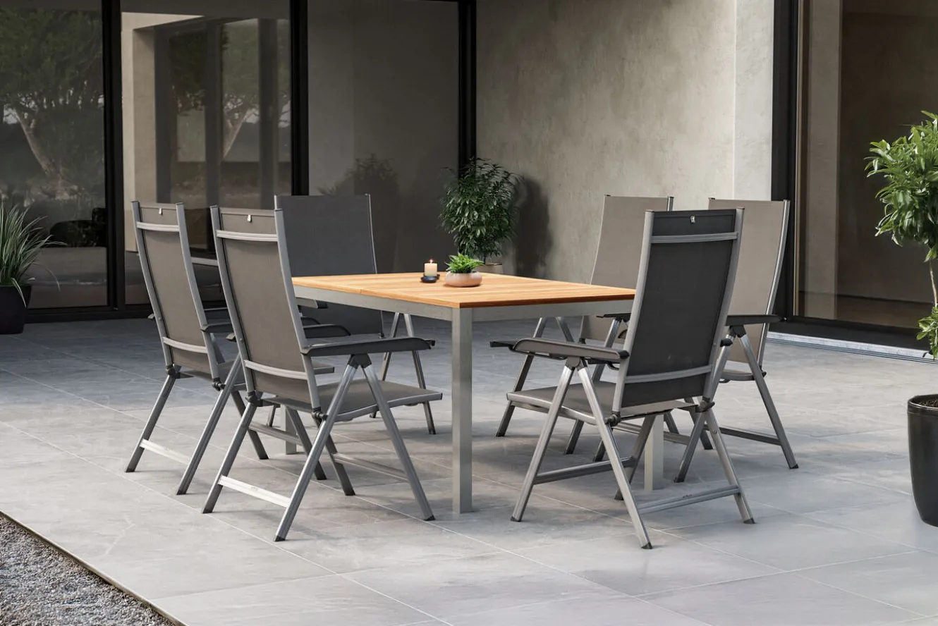 KETTLER BasicPlus Garten-Essgruppe mit 6 Sesseln, silber/anthrazit, Alu/Edelstahl, ausziehbar & klappbar, UV-beständig, pflegeleicht
