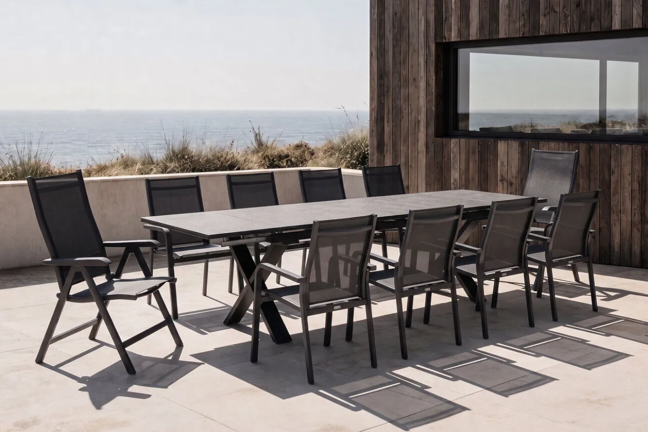 KETTLER BasicPlus Garten-Essgruppe, anthrazit, Alu / Spraystone / Textil, Tisch 180/280 x 100 cm, 8 Stapelsessel, 2 Klappstühle