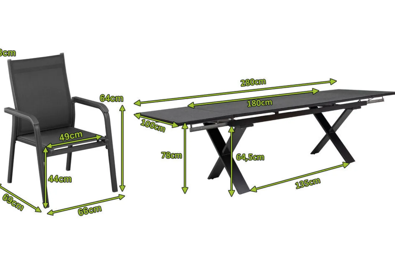KETTLER BasicPlus Garten-Essgruppe, anthrazit, Alu / Spraystone / Textil, Tisch 180/280x100cm, 8 Stapelsessel