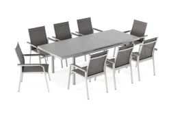 KETTLER BasicPlus Garten-Essgruppe, silber, Alu/Textilene, Tisch 180/240x100cm, 8 Stapelsessel