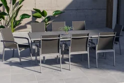 KETTLER BasicPlus Garten-Essgruppe, silber, Alu/Textilene, Tisch 180/240x100cm, 8 Stapelsessel