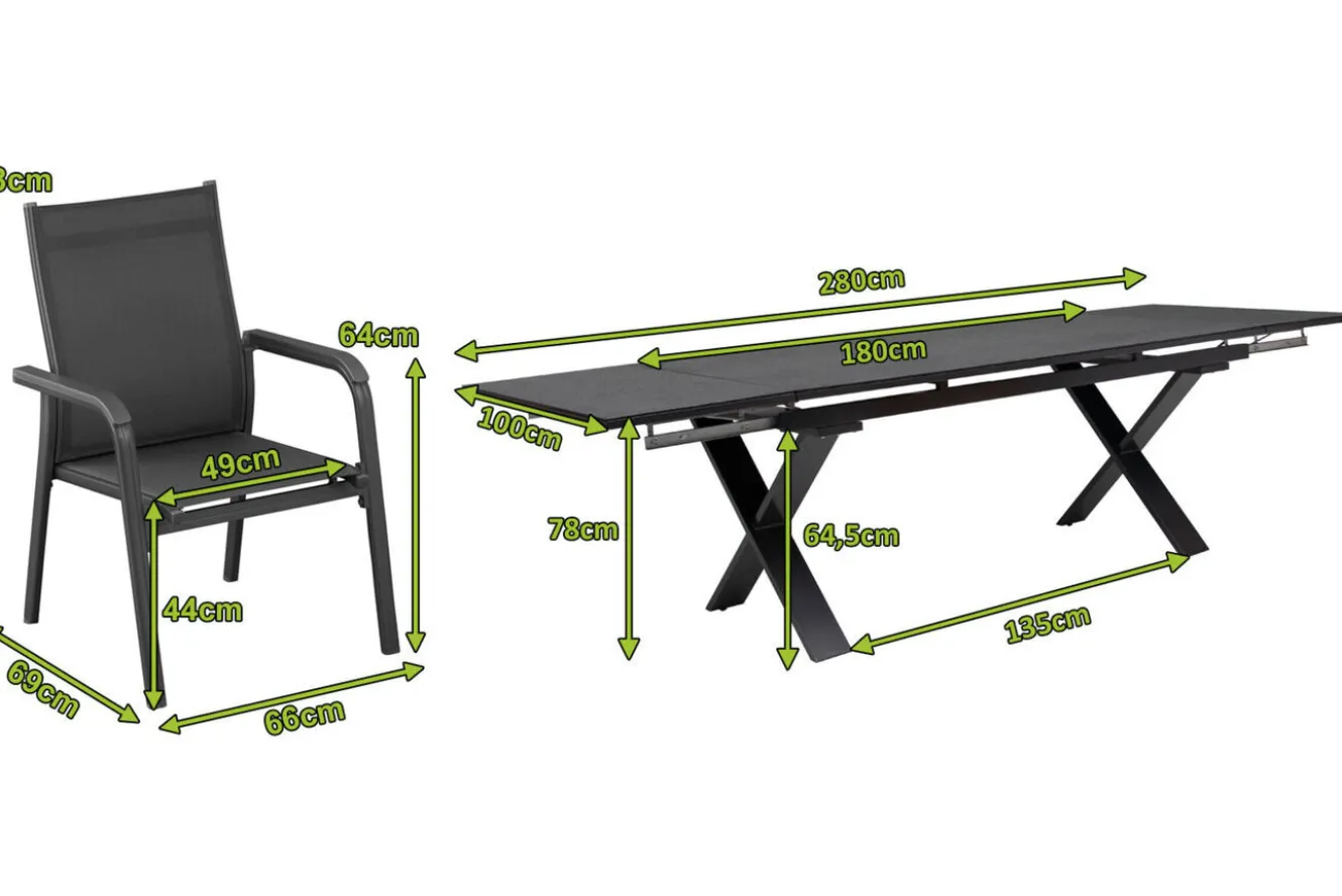 KETTLER BasicPlus Garten-Essgruppe, anthrazit, Alu / Spraystone / Textil, Tisch 180/280x100cm, 6 Stapelsessel