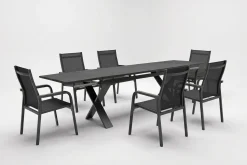 KETTLER BasicPlus Garten-Essgruppe, anthrazit, Alu / Spraystone / Textil, Tisch 180/280x100cm, 6 Stapelsessel