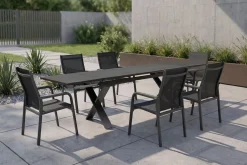 KETTLER BasicPlus Garten-Essgruppe, anthrazit, Alu / Spraystone / Textil, Tisch 180/280x100cm, 6 Stapelsessel
