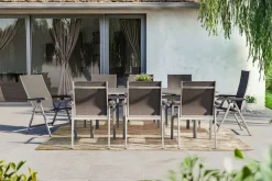 KETTLER BasicPlus Garten-Essgruppe, silber, Alu/Textilene, Tisch 180/240x100cm, 6 Stapel-, 2 Klappstühle