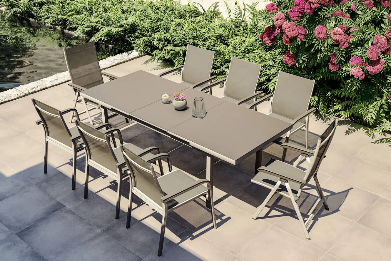 KETTLER BasicPlus Garten-Essgruppe, silber, Alu/Textilene, Tisch 180/240x100cm, 6 Stapel-, 2 Klappstühle