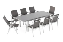 KETTLER BasicPlus Garten-Essgruppe, silber, Alu/Textilene, Tisch 180/240x100cm, 6 Stapel-, 2 Klappstühle