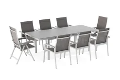 KETTLER BasicPlus Garten-Essgruppe, silber, Alu/Textilene, Tisch 180/240x100cm, 6 Stapel-, 2 Klappstühle