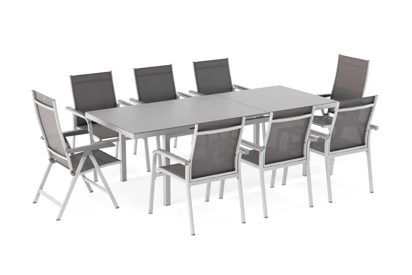 KETTLER BasicPlus Garten-Essgruppe, silber, Alu/Textilene, Tisch 180/240x100cm, 6 Stapel-, 2 Klappstühle