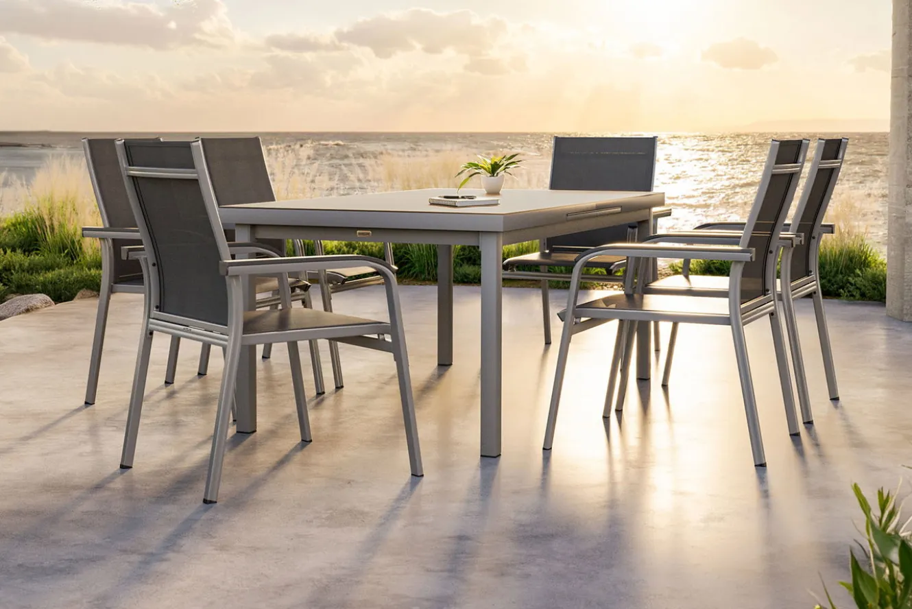 KETTLER BasicPlus Garten-Essgruppe, 6 Personen, ausziehbar, 180-240cm, Alu/Textilene, Stapelsessel