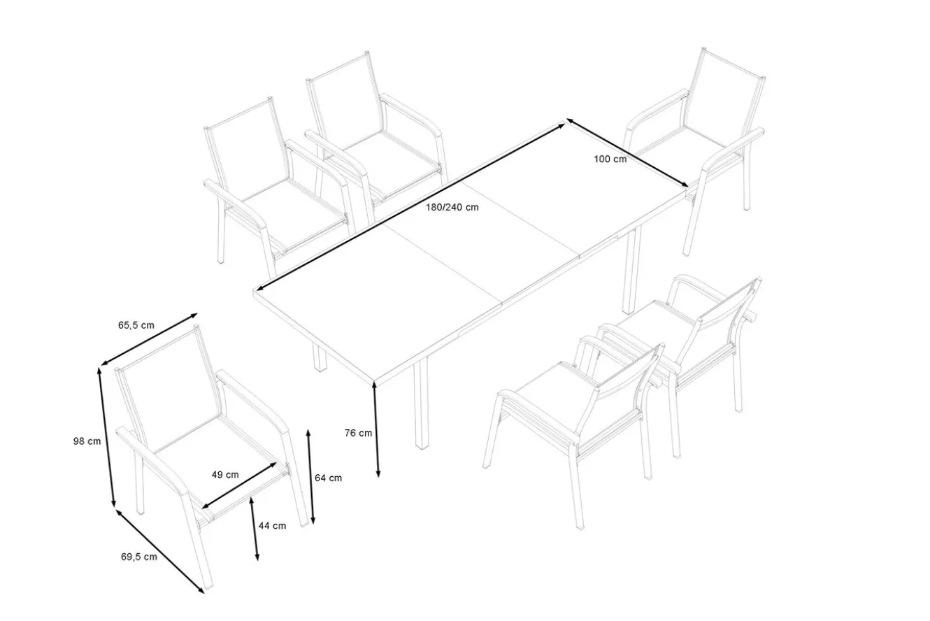 KETTLER BasicPlus Garten-Essgruppe, 6 Personen, ausziehbar, 180-240cm, Alu/Textilene, Stapelsessel