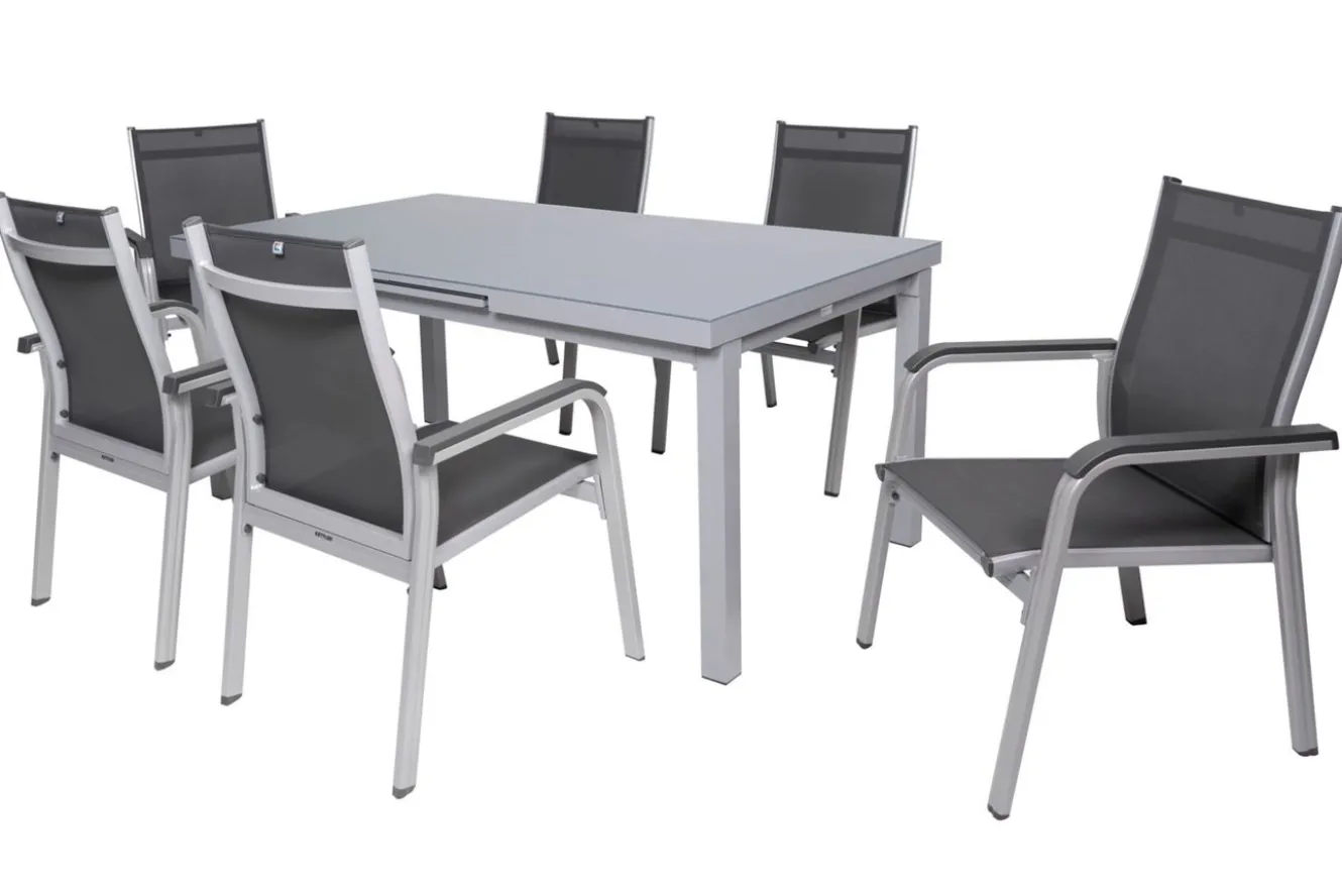 KETTLER BasicPlus Garten-Essgruppe, 6 Personen, ausziehbar, 180-240cm, Alu/Textilene, Stapelsessel