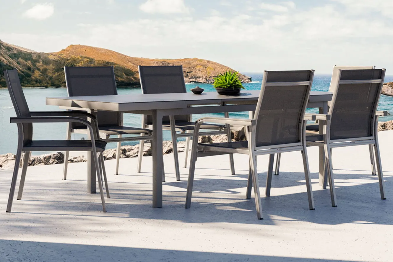 KETTLER BasicPlus Garten-Essgruppe, 6 Personen, ausziehbar, 180-240cm, Alu/Textilene, Stapelsessel