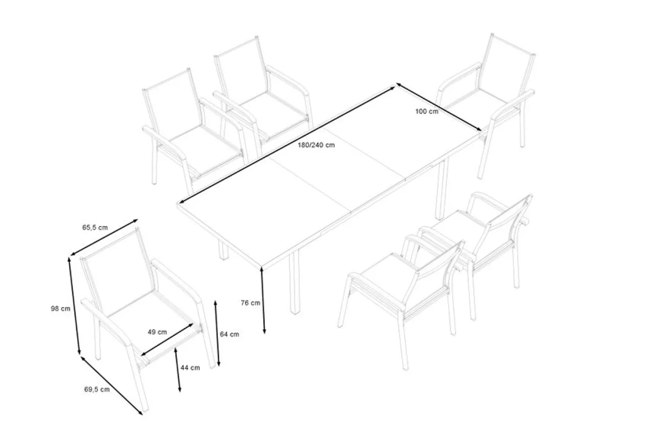 KETTLER BasicPlus Garten-Essgruppe, 6 Personen, ausziehbar, 180-240cm, Alu/Textilene, Stapelsessel
