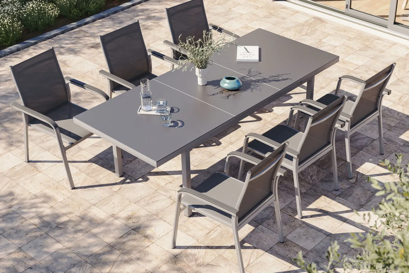 KETTLER BasicPlus Garten-Essgruppe, 6 Personen, ausziehbar, 180-240cm, Alu/Textilene, Stapelsessel
