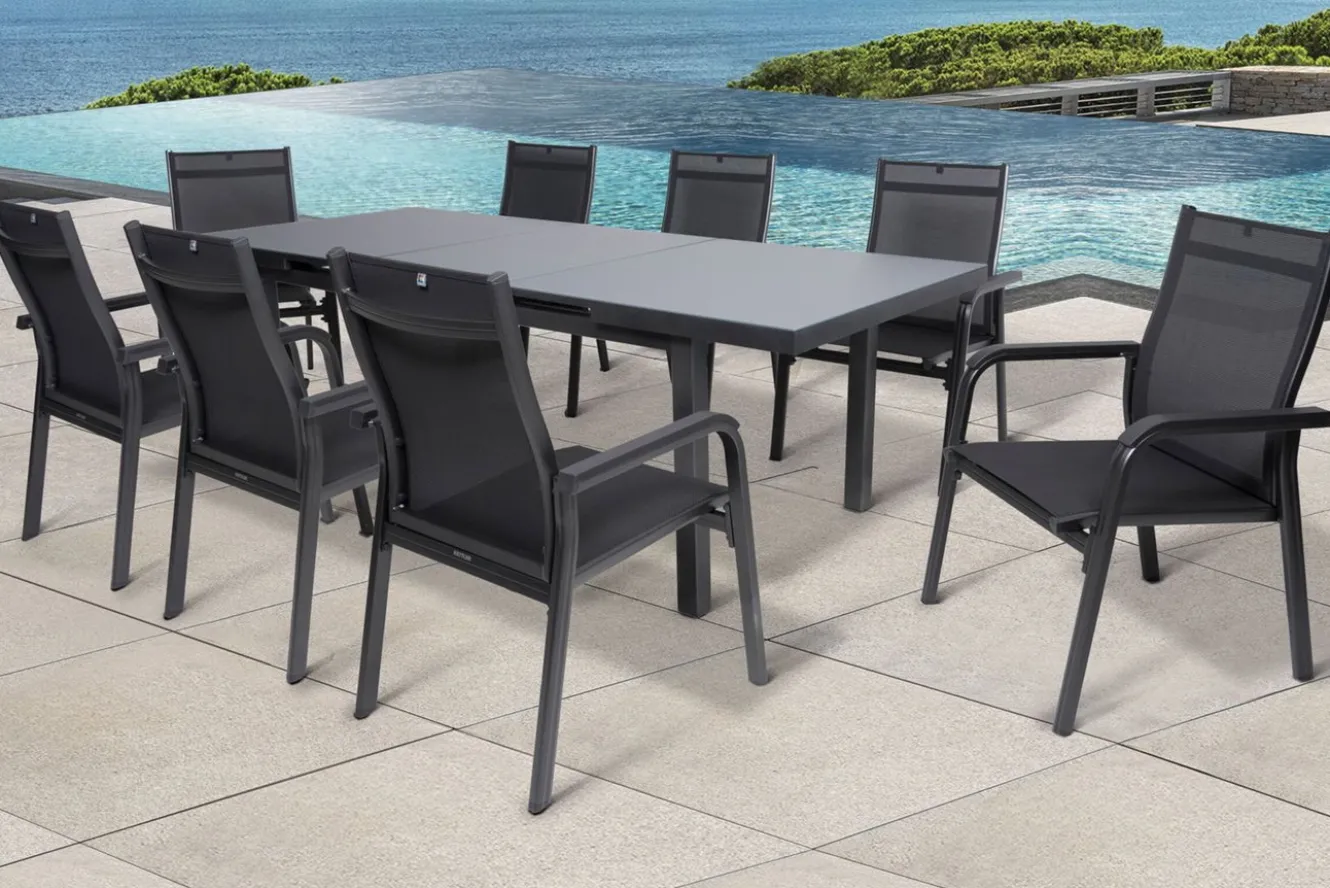KETTLER BasicPlus Garten-Essgruppe, anthrazit, Alu/Textilene, Tisch 180/240x100cm, 8 Stapelsessel