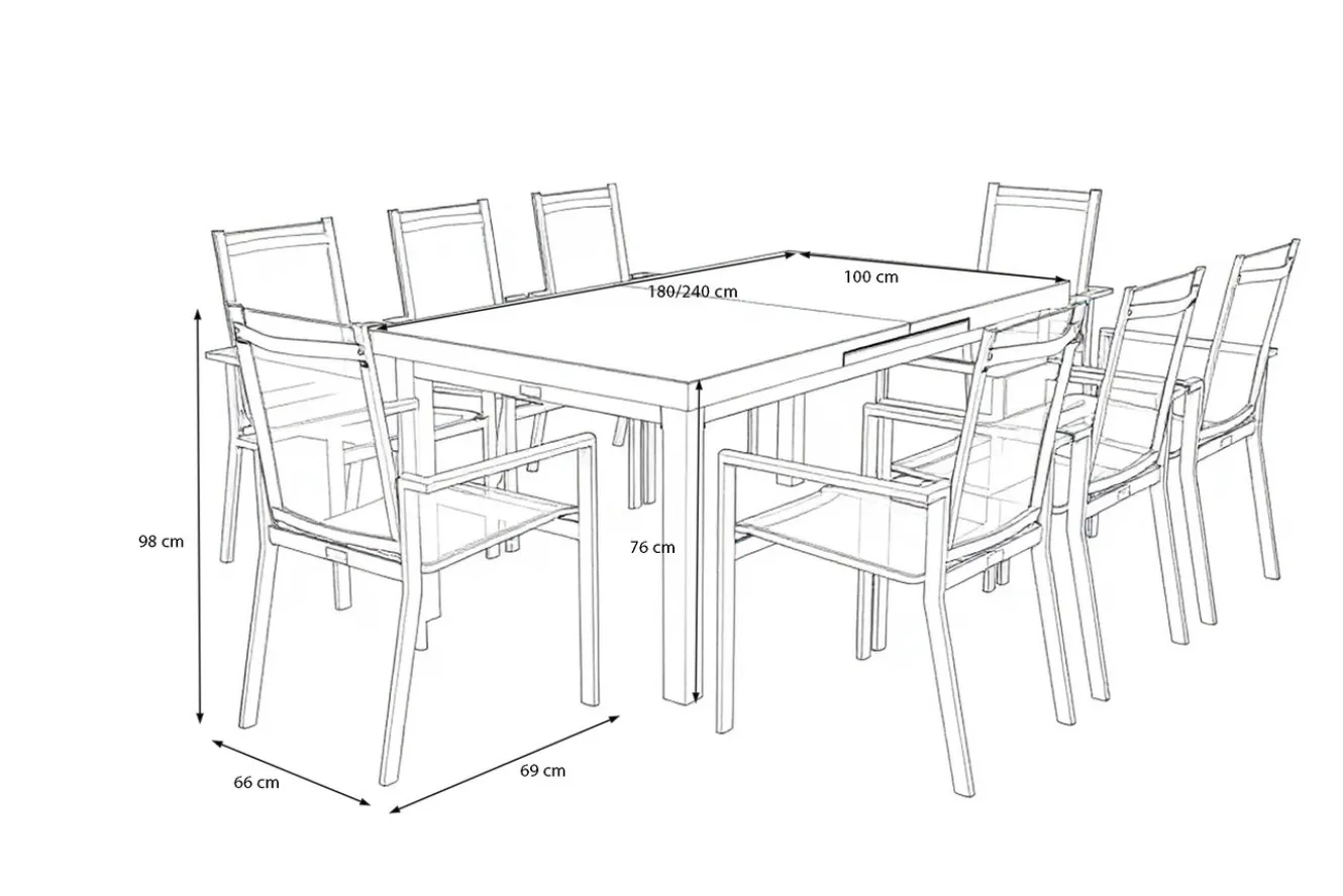 KETTLER BasicPlus Garten-Essgruppe, anthrazit, Alu/Textilene, Tisch 180/240x100cm, 8 Stapelsessel