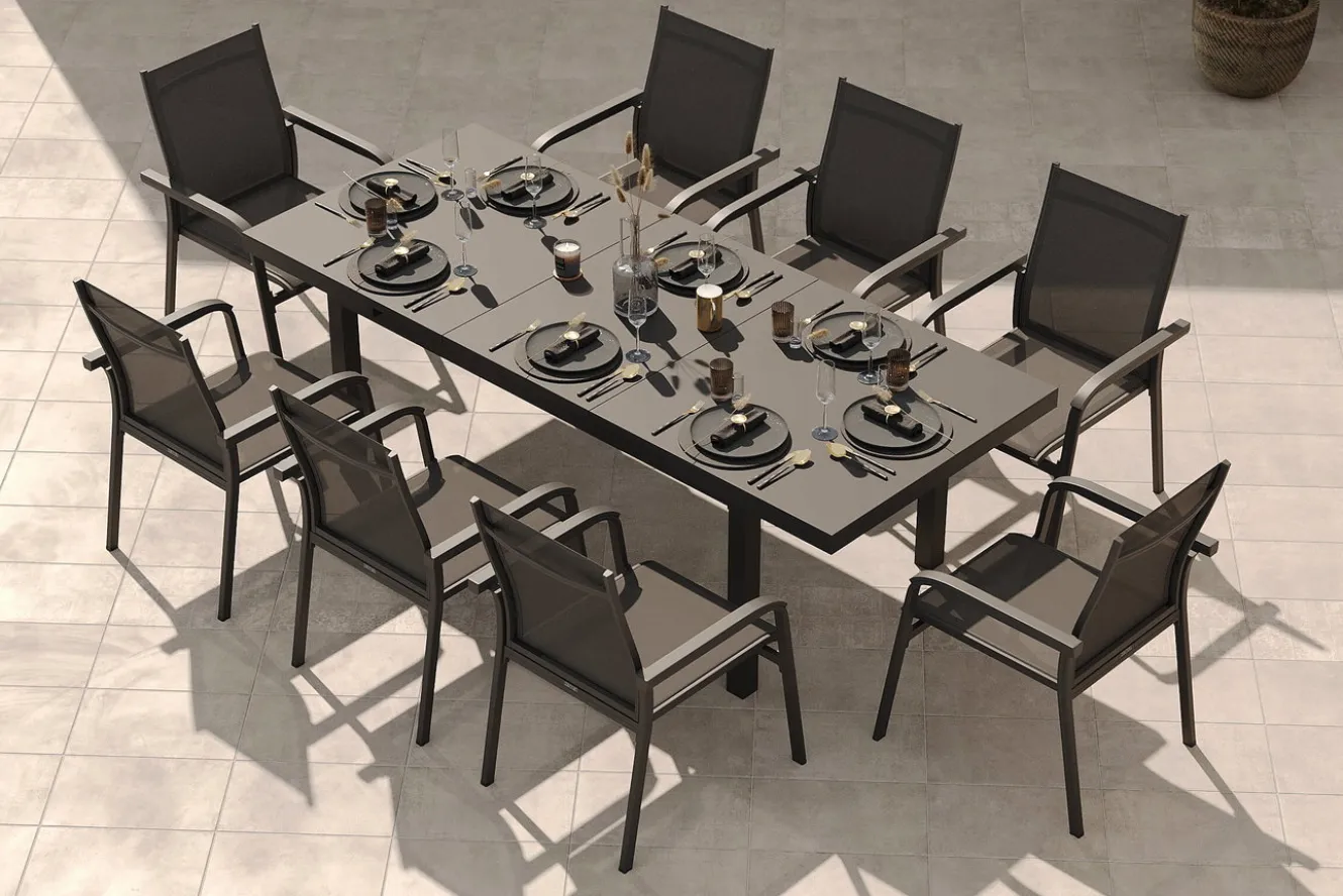 KETTLER BasicPlus Garten-Essgruppe, anthrazit, Alu/Textilene, Tisch 180/240x100cm, 8 Stapelsessel