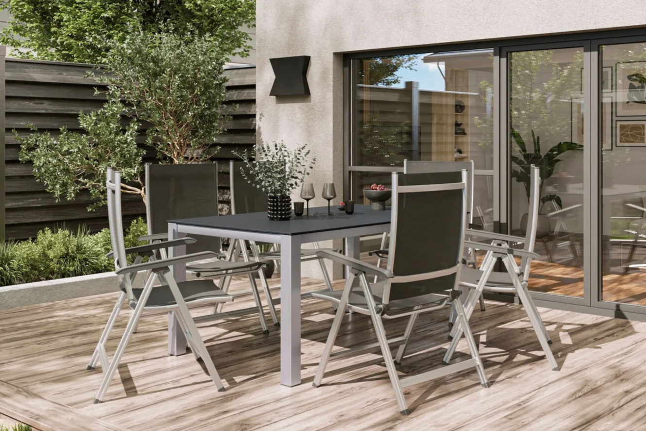 KETTLER BasicPlus Garten-Essgruppe, silber/anthrazit, Alu/Spraystone/Textil, 160 x 95 cm, inkl. 6 Klappstühle