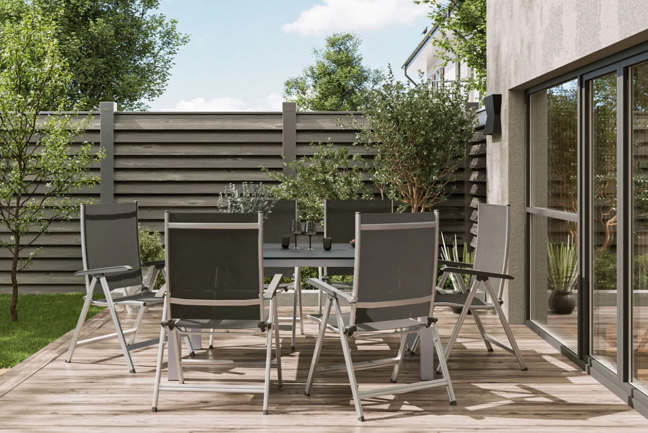 KETTLER BasicPlus Garten-Essgruppe, silber/anthrazit, Alu/Spraystone/Textil, 160 x 95 cm, inkl. 6 Klappstühle