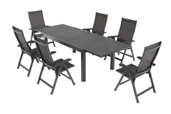 KETTLER BasicPlus Garten-Essgruppe, anthrazit/schwarz, Alu/Textilene/Spraystone-Glas, Tisch 160/260 x 100 cm, 6 Klappstühle