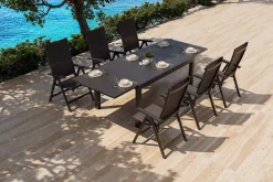 KETTLER BasicPlus Garten-Essgruppe, anthrazit/schwarz, Alu/Textilene/Spraystone-Glas, Tisch 160/260 x 100 cm, 6 Klappstühle