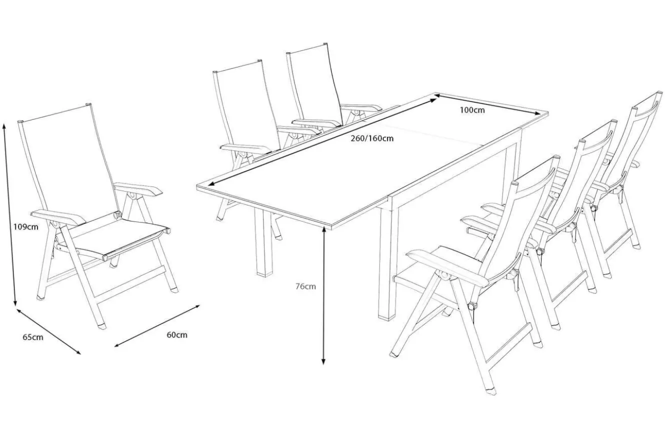 KETTLER BasicPlus Garten-Essgruppe, anthrazit/schwarz, Alu/Textilene/Spraystone-Glas, Tisch 160/260 x 100 cm, 6 Klappstühle