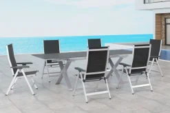 KETTLER BasicPlus Garten-Essgruppe, silber / anthrazit, Alu / Spraystone / Textil, Tisch 180/280x100cm, 6 Klappstühle