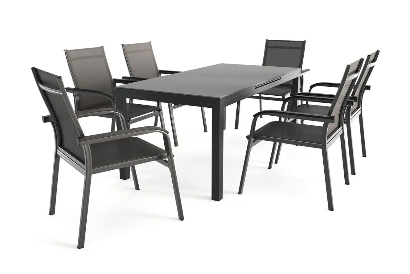KETTLER BasicPlus Premium Garten-Essgruppe, anthrazit, Alu/Spraystone, Tisch 180/240x90 cm, 6 Stapelsessel