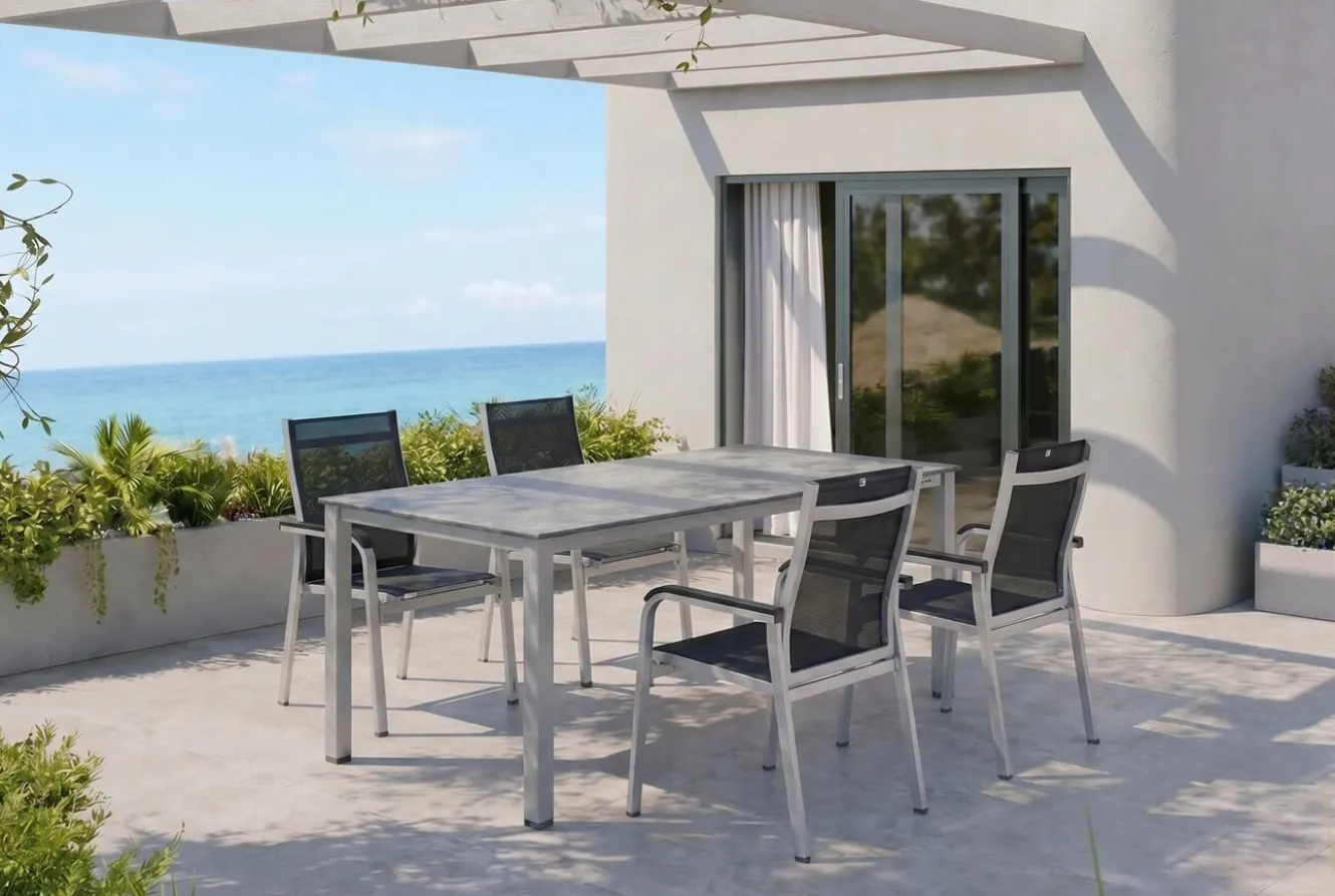 KETTLER BasicPlus Premium Garten-Essgruppe, silber, Alu, Tisch 160x90 cm, 4 Stapelsessel