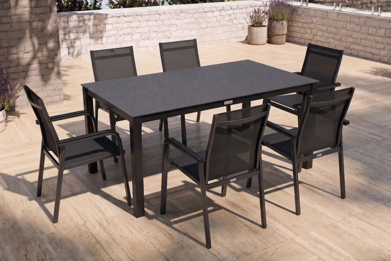 KETTLER BasicPlus Premium Garten-Essgruppe, anthrazit, Alu/Spraystone, Tisch 160x95 cm, 6 Stapelsessel
