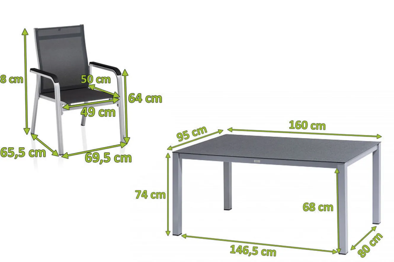 KETTLER BasicPlus Premium Garten-Essgruppe, silber, Alu/Spraystone, Tisch 160x95 cm, 4 Stapelsessel