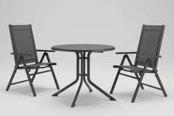 KETTLER BasicPlus Pro Balkon-Set, anthrazit, Aluminium/KETTALUX/Textilene, Tisch Ø 70 cm, 2 Klappstühle, schmutzabweisend