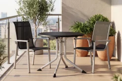 KETTLER BasicPlus Pro Balkon-Set, silber/anthrazit, Aluminium/Textilene/KETTALUX, Tisch Ø 70 cm, klappbar, 2 Stapelsessel