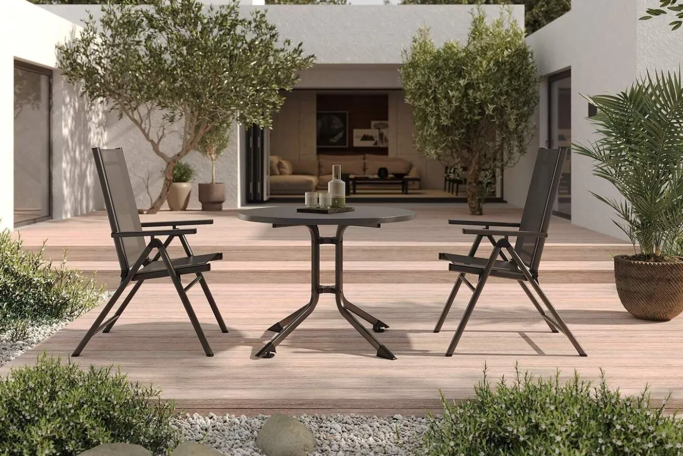 KETTLER BasicPlus Pro Balkon-Set, anthrazit, Alu/Textilene, Ø100 x 74 cm, 2 Klappstühle, geeignet für Balkone
