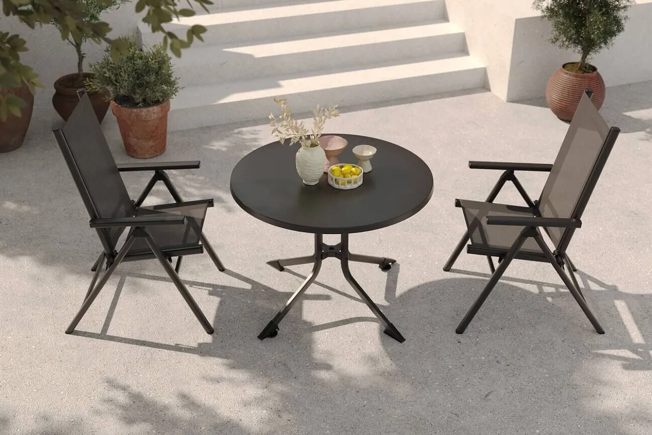 KETTLER BasicPlus Pro Balkon-Set, anthrazit, Alu/Textilene, Ø100 x 74 cm, 2 Klappstühle, geeignet für Balkone