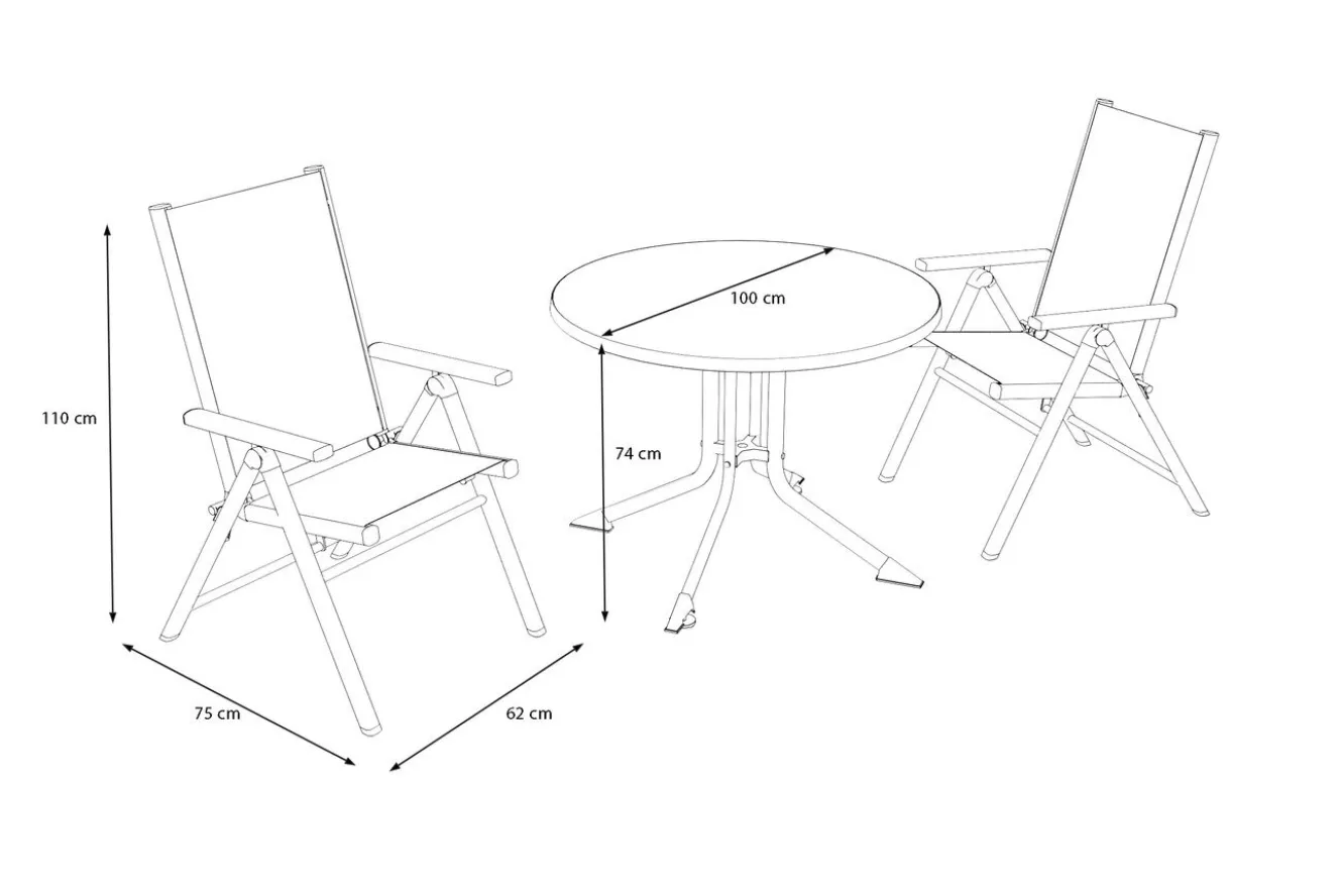 KETTLER BasicPlus Pro Balkon-Set, anthrazit, Alu/Textilene, Ø100 x 74 cm, 2 Klappstühle, geeignet für Balkone