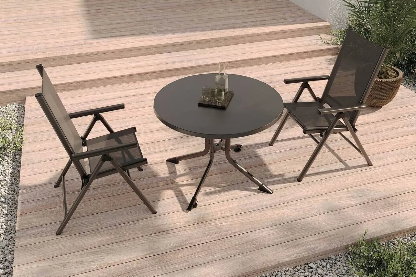 KETTLER BasicPlus Pro Balkon-Set, anthrazit, Alu/Textilene, Ø100 x 74 cm, 2 Klappstühle, geeignet für Balkone